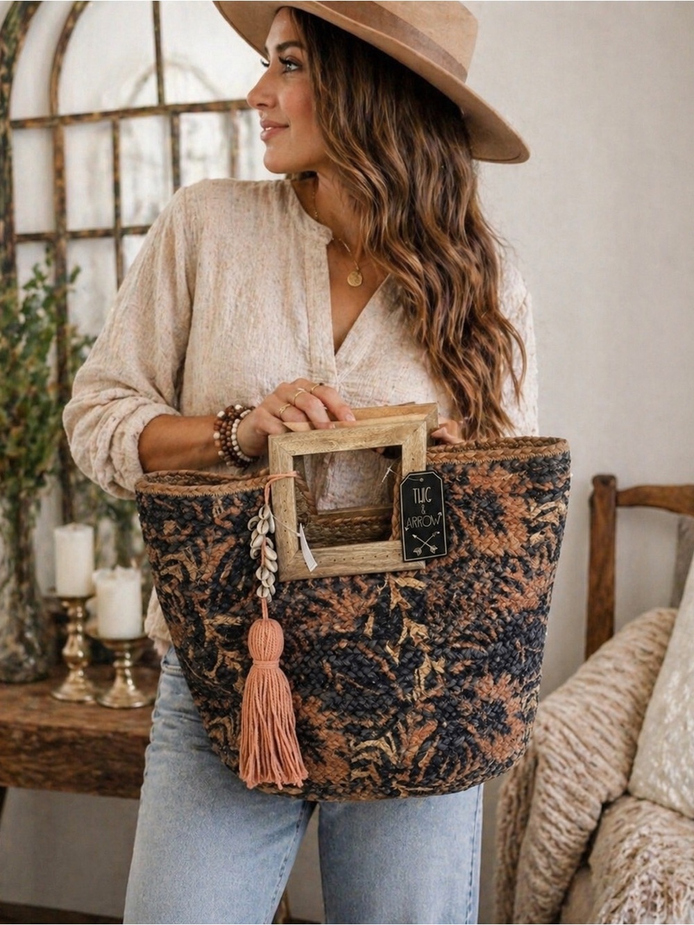 Twig & Arrow Handcrafted Woven Jute Tote Bag Wooden Handles Tassel Boho NWT